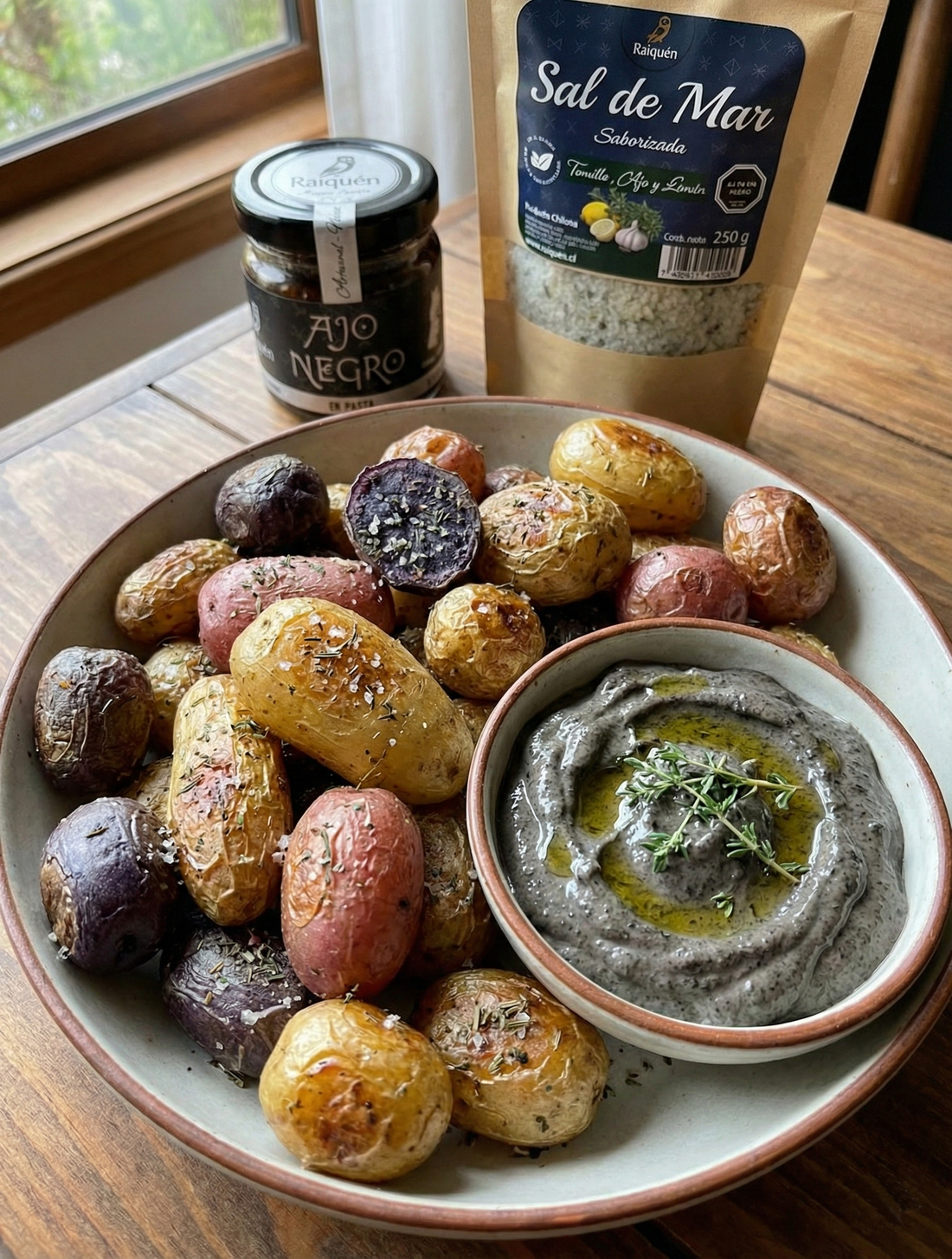 Papas Nativas con Lactonesa de Ajo Negro